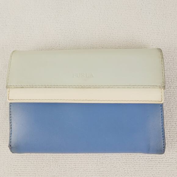 Furla blue leather flap tri fold wallet multipocket card holder colorblock - Picture 1 of 13